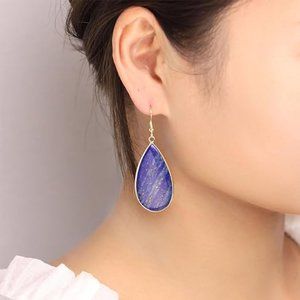 Lapis Stone Earrings Blue Gemstone Water Drop Gem Dangle Charm Gold Frame New